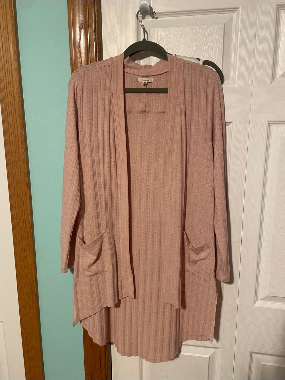 Light Mauve Open-Front Ribbed Cardigan Sweater